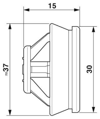 Technische Zeichnung eines zylindrischen Bauteils mit den Maßen 15 mm Breite und 37 mm Länge, 30 mm Höhe.