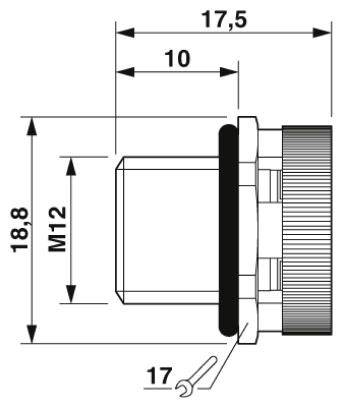 Technische Zeichnung einer Schraube: M12-Gewinde, 18,8 mm Länge, 17,5 mm Durchmesser, 10 mm Gewindetiefe. Profilansicht.