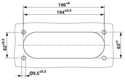 Technische Zeichnung eines rechteckigen Bauteils mit abgerundeten Ecken, Maßen und Bohrlöchern; Hauptmaße: 196x63 mm.