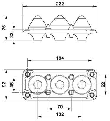 Technische Zeichnung eines Bauteils mit Abmessungen. Oben eine Seitenansicht, unten eine Draufsicht mit Maßangaben in Millimetern.