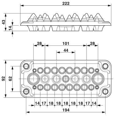 Technische Zeichnung eines Steckverbinders mit Abmessungen. Oben Seitenansicht, unten Vorderansicht mit Kreisen für Anschlüsse und Maßangaben.