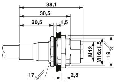 Technische Zeichnung eines Steckers mit Maßen: Gesamtlänge 38,1 mm, Gewindegrößen M12 und M16x1,5. Quermaße und Detailansichten vorhanden.