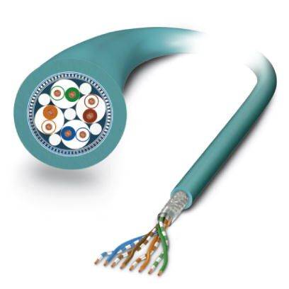 Abgebildet ist ein abgeschnittener, grüner Ethernet-Kabel mit offenliegenden farbigen Adern, die unterschiedliche Drahtpaare darstellen.