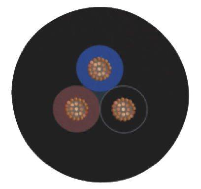 Drei bunte Kabelenden mit sichtbaren Kupferdrähten in einem schwarzen Kreis, repräsentieren Kabelstruktur und -design.