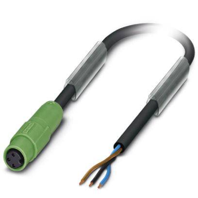 Ein grün-schwarzes Kabel mit einem Kunststoffstecker auf der einen Seite und offenen, abisolierten Drähten auf der anderen Seite.