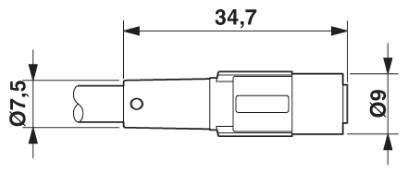 Technische Zeichnung eines Steckverbinders. Gesamtlänge 34,7 mm, Durchmesser 9 mm, vorderer Bereich 7,5 mm Durchmesser.