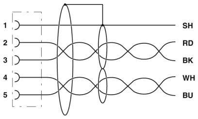 Diagramm eines elektrischen Stromkreises mit fünf Linien, die als SH, RD, BK, WH und BU gekennzeichnet sind, und Verbindungen dazwischen.