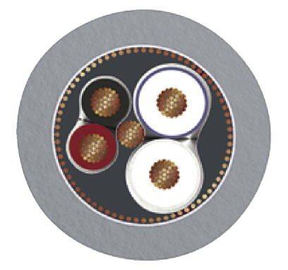 Querschnitt eines elektrischen Kabels mit mehreren Leitern in unterschiedlichen Farben, isoliert und voneinander getrennt.
