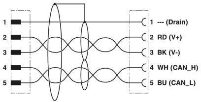 Schema einer Kabelverbindung mit fünf Pins: 1-Drain, 2-RD (V+), 3-BK (V-), 4-WH (CAN_H), 5-BU (CAN_L).