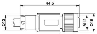 Technische Zeichnung eines Steckers: Länge 44,5 mm, Durchmesser 12 mm an der Spitze, M12 und 15 mm am breiten Ende.