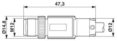 Technische Zeichnung eines zylindrischen Steckers. Gesamtlänge: 47,3 mm. Durchmesser: 14,8 mm (M12), vorderer Bereich: 12 mm.