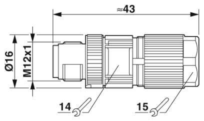 Technische Zeichnung eines zylindrischen Steckverbinders mit Abmessungen: Länge ca. 43 mm, Durchmesser 16 mm, Gewinde M12x1.