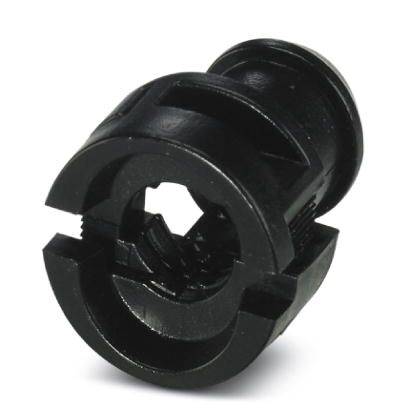 Ein schwarzes Kunststoff-Drehteil mit präziser Ausfräsung und symmetrischem Design, möglicherweise Teil eines Mechanismus.