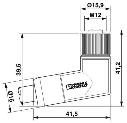 Technische Zeichnung eines abgewinkelten Steckverbinders mit M12-Gewinde. Maße: Länge 41,5 mm, Höhe 41,2 mm, Durchmesser 15,9 mm.