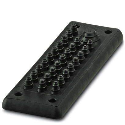 Schwarze gummierte Steuerkonsole mit vielen runden Tasten und einem Joystick oben rechts, vermutlich für Maschinensteuerung.