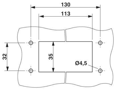 Technische Zeichnung einer rechteckigen Platte mit wellenförmigen Kanten. Maße: 130 mm Breite, 113 mm Innenbreite, 35 mm Höhe, Lochdurchmesser 4,5 mm.