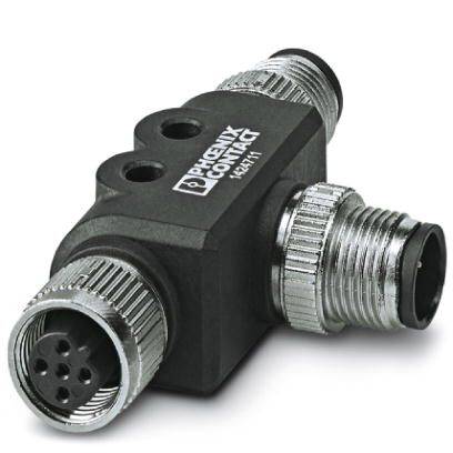 Ein T-Adapter mit Metallverschraubungen und drei Buchsen. Das Logo von Phoenix Contact ist auf dem schwarzen Gehäuse sichtbar.