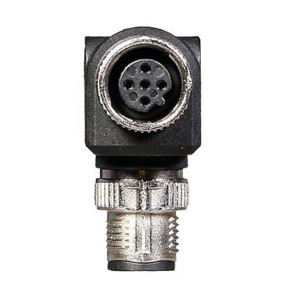 Ein schwarzer, mehrpoliger Steckverbinder mit rundem Gehäuse und silbernen Kontaktbuchsen, von vorne gezeigt.