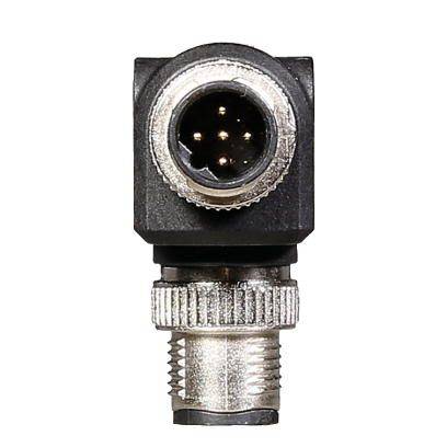 Ein schwarzer Stecker mit metallischem Schraubverschluss, zeigt fünf Kontaktstifte.