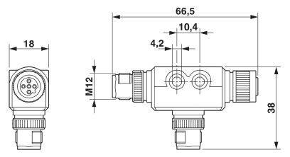 Technische Zeichnung eines Steckverbinders mit M12-Gewinde. Maße: 66,5 mm Länge, 38 mm Höhe. Zeigt Komponenten- und Anschlussdetails.
