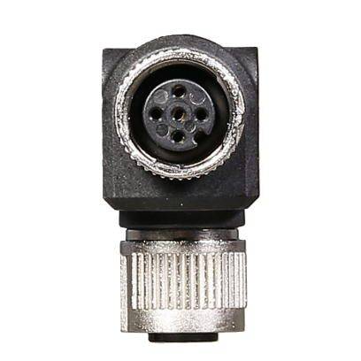 Nahaufnahme eines rechteckigen, schwarz-silbernen Elektrosteckverbinders mit runden Steckplätzen und geriffeltem Gewinde.