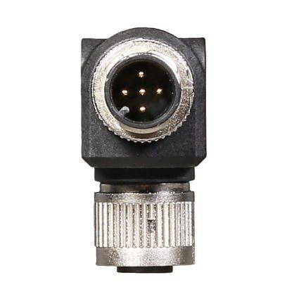 Ein schwarzer, abgewinkelter Elektrostecker mit mehreren runden Metallpins auf weißem Hintergrund.