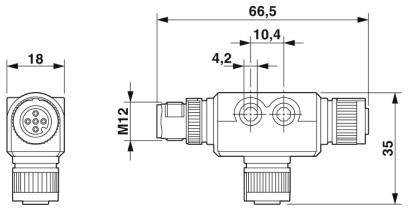 Technische Zeichnung eines elektrischen Steckverbinders mit M12-Gewinde, zwei Messangaben: 66,5 mm Länge und 35 mm Höhe.