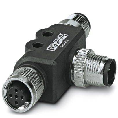 Ein schwarzer, metallischer Y-Adapter mit drei Buchsen, passend für industrielle Verbindungstechniken. Logo von Phoenix Contact sichtbar.