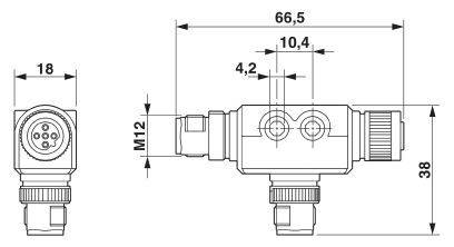 Technische Zeichnung eines Steckverbinders mit Maßen: Breite 66,5 mm, Höhe 38 mm, Stecker M12, weitere Details hervorgehoben.