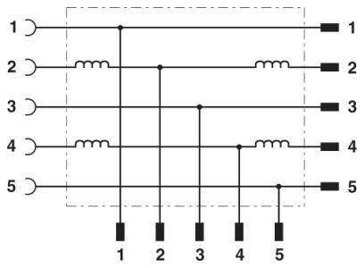 Elektrisches Schaltschema mit nummerierten Leitungen und Spulen. Jeder Anschluss 1-5 ist mit einer Spule oder einem Knoten verbunden.