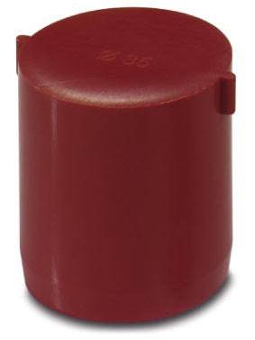 Ein roter Kunststoffdeckel mit zylindrischer Form, glatt und ohne sichtbare Markierungen, geeignet zum Verschließen von Gefäßen.