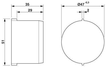 Technische Zeichnung eines zylindrischen Objekts mit Maßen: 51 mm hoch, 35 mm breit, Durchmesser 47 mm, mit 2 mm Kerbe.