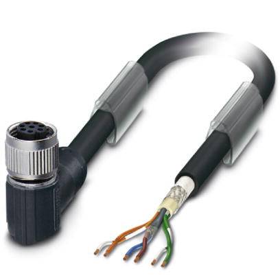 Abgewinkeltes schwarzes Kabel mit Metallstecker und fünf bunten abisolierten Adern an der anderen Seite. Geeignet für Elektronikverbindungen.