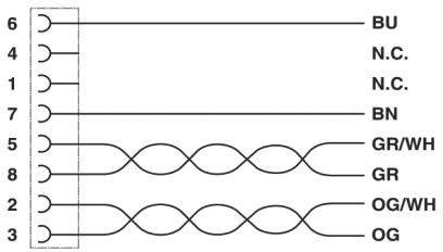 Diagramm mit Drahtfarbcodes: 6-BU, 4-N.C, 7-BN, 5-GR/WH, 8-GR, 3-OG/WH, 2-OG.zeigt Kabelverbindungen und deren Farbcodierung.