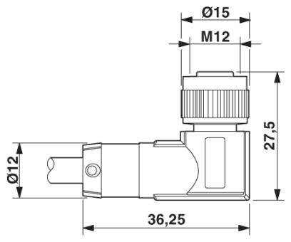Technische Zeichnung eines L-Steckverbinders mit Maßen: Gesamtlänge 36,25 mm, Höhe 27,5 mm, Durchmesser 12 mm und 15 mm, Gewinde M12.