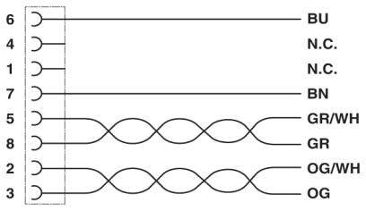 Verkabelungsdiagramm mit durchnummerierten Anschlüssen von 2 bis 8, verbunden durch farblich gekennzeichnete Leitungen: BU, N.C., BN, GR/WH, GR, OG/WH, OG.