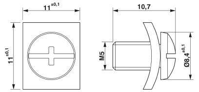 Technische Zeichnung eines quadratischen Teils mit Kreuzkopf, Maße: 11 mm und 10,7 mm, Höhe M5, Durchmesser Ø8,4 mm.