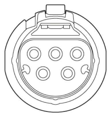 Diagramm eines Typ-2-Ladesteckers mit fünf kreisförmig angeordneten Kontaktöffnungen, verwendet für Elektrofahrzeuge in Europa.