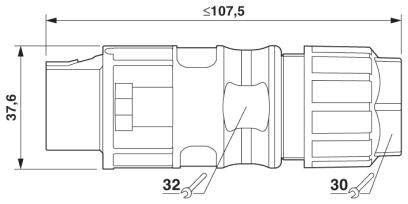Technische Zeichnung eines zylindrischen Bauteils mit einer Länge von maximal 107,5 mm und einem Durchmesser von 37,6 mm.