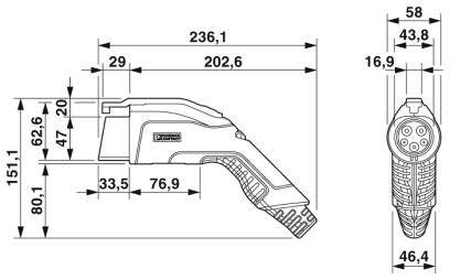 Technische Zeichnung eines Ladeanschlusses mit Maßen: Länge 236,1 mm, Höhe 80,1 mm. Seitenansicht und Draufsicht mit detaillierten Maßen.