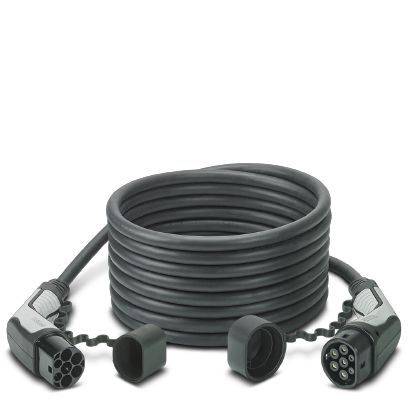 Ein langes, schwarzes Ladekabel für Elektrofahrzeuge mit zwei Steckern an den Enden, aufgerollt und für das Laden zwischen Fahrzeug und Ladesäule vorgesehen.