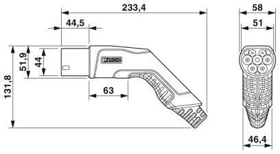 Technische Zeichnung eines Steckers mit Abmessungen: Länge 233,4 mm, Breite 46,4 mm, Höhe 131,8 mm. Seiten- und Frontansicht dargestellt.