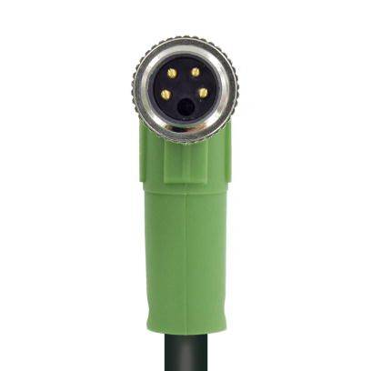 Grüner runder Stecker mit mehreren kleinen Metallstiften, geeignet für spezifische elektronische Verbindungen.