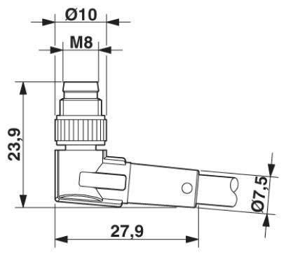 Technische Zeichnung eines Metallstifts mit Maßen: Länge 27,9 mm, Höhe 23,9 mm, Durchmesser oben Ø10 mm, unten Ø7,5 mm, M8-Gewinde.