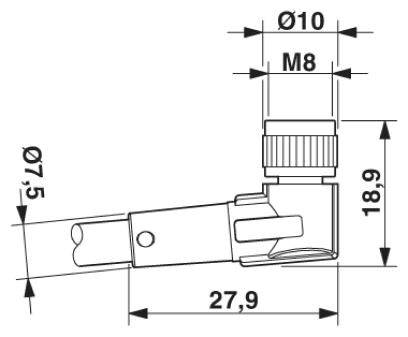 Bauplan eines elektrischen Steckverbinders mit Abmessungen: Länge 27,9 mm, Durchmesser oben 10 mm und 7,5 mm unten, Gewinde M8.
