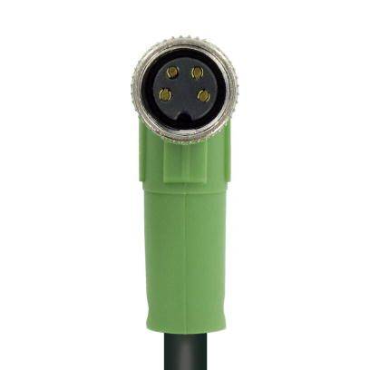 Grüner vierpoliger Stecker mit schwarzem Innenbereich und silbernem Rand, Ansicht von vorne.