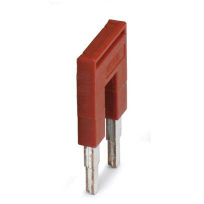 Roter Jumper zur Überbrückung von elektrischen Kontakten, rechteckige Form mit zwei Metallstiften, oft in Elektronik verwendet.