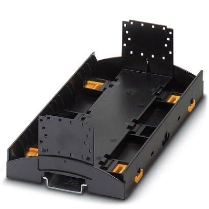 Schwarzes Kunststoffgehäuse mit rechteckiger Form, offenem Oberteil und gelben Halterungen an den Seiten, geeignet für elektronische Komponenten.