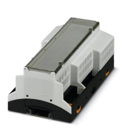 Ein elektronisches Komponentengehäuse mit transparenter Abdeckung, geeignet für die Montage auf einer DIN-Schiene.