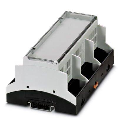 Ein graues, rechteckiges elektronisches Gerät mit Steckanschlüssen, das möglicherweise für industrielle oder elektrische Anwendungen genutzt wird.